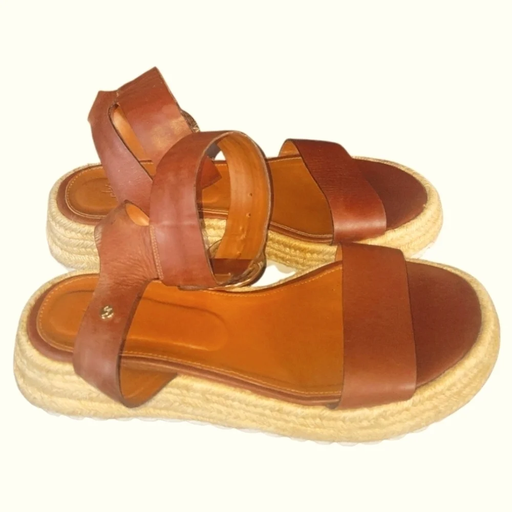 Valez Women's Brown Leather Adjustable Ankle Buckle Wedge Espradrille Sandals